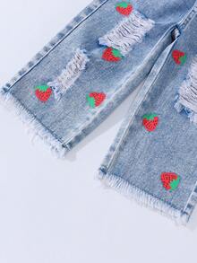 1pc Baby Girls' Light Washed Blue Strawberry Print Wide Leg Jeans, Comfortable & Sweet Casual Vacation School Style Recommended! Soft Light Washed Blue Denim Fabric, Rugged Frayed Hem Contrasts With Delicate Strawberry Print, Unique And Fashionable - Light Wash - View 5