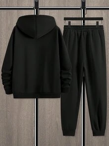 Manfinity Homme 2 件男士休闲挪威标语和图案印花运动衫和运动裤套装，秋冬装 - 黑色 - 查看 3