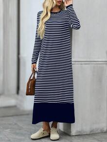 Đầm dài tay cổ tròn kẻ sọc Colorblock dành cho nữ - Màu xanh hải quân - Xem 5