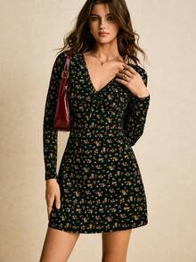 Poéselle 女式 V 领长袖碎花迷你连衣裙 - 藏蓝色 - 查看 7