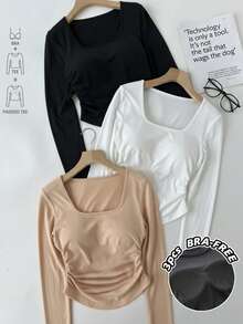 Tseoso 3 件套女士休闲方领褶皱腰不对称下摆长袖 T 恤套装，内置衬垫，蝴蝶结，百搭百搭，秋冬，优雅，复古，可爱，复古，休闲修身 W - 彩色 - 查看 8