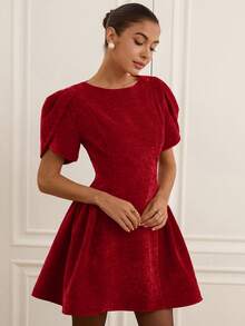 EMERY ROSE Tulip 3D Short Sleeve Round Neck Hem Split Puff Skirt Mini Princess Dress For Women - Burgundy - View 3