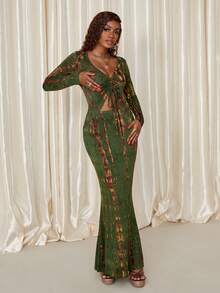 Eryvara 女式长袖扎染抽绳低领修身长裙 - 彩色 - 查看 4