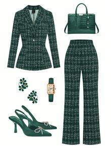 Ellevyn Bộ đồ vest và quần dài tay cổ ve kẻ caro thanh lịch dành cho nữ, duyên dáng cho trang phục dự tiệc và dạ hội, trang phục công sở Alfaiataria dành cho nữ mùa thu/đông - Màu xanh lá cây đậm - Xem 1