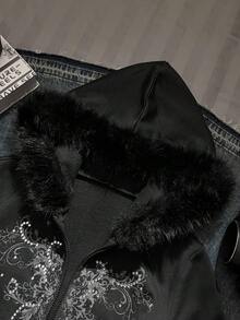 SHEIN EZwear Women's Floral Print Rhinestone Zipper Front Fuzzy Collar Casual Sweatshirt, Autumn/Winter Rhinestone Zip Up Cross Goth Style Rockstar Women Anime - Black - View 3