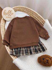 Firerie Kids Firerie Kids Young Girls Plush Thickened Sweatshirt Patchwork Plaid Skirt Sweatshirt Dress, Retro Fashion Versatile Casual Everyday Wear - Mocha Brown - View 2
