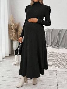 SHEIN Váy cổ lệch màu trơn thanh lịch cho tiệc bà bầu - màu đen - Xem 5