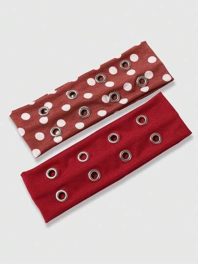 ROMWE Goth 2pcs Retro Red-Brown Polka Dot Eyelet Headbands, Suitable For Street Style, Music Festivals, Art Exhibitions And Other Fashionable Events For Women