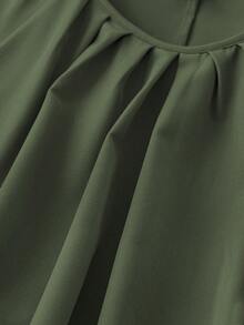 Plus Size Women's Solid Color Round Neck Long Sleeve Pleated Casual Shirt - Army Green - View 5