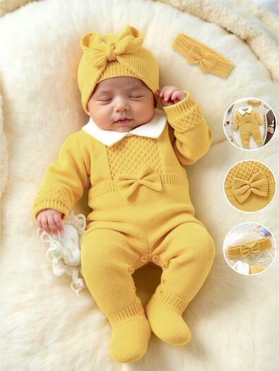 Set de 2 piezas: Pelele de suéter lindo de lavanda para niños pequeños: Pelele de manga larga con cuello Peter Pan y lazo 3D + Diadema de moda