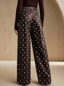 Anewsta 城市通勤波尔卡圆点高腰垂坠休闲女式西装裤，适合春季、夏季、节日、假日、度假、优雅、商务休闲 - 棕色 - 查看 3