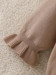 女婴休闲纯色荷叶边下摆毛衣，秋冬 - 卡其色 - 查看 4