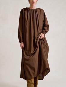 Aalyst Women's Elegant French Style Luxury Chic Christmas Party Casual Vacation Workwear Vintage Loose Waist Ruched Hem Long Sleeve Dress With Pockets