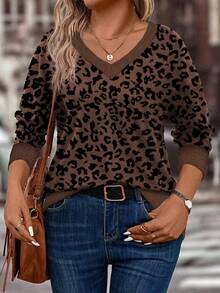 EMERY ROSE Nueva sudadera de mujer de cuello en V de manga larga con estampado de leopardo suave, éxito de para otoño/invierno - Multicolor - Ver 4