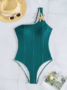 Swim Basics 1 buah Baju Renang Terusan untuk Wanita, Hiasan Rumbai Kerang & Bintang Laut, Baju Renang Kerang Turquoise Retro, Biru Tosca, Musim Panas, Kasual, Liburan, Rekreasi - Teal Blue - View 3