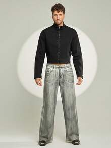 FeverCity Men's Long Sleeve Casual Washed Zip-Up Collar Jacket - Black - View 5