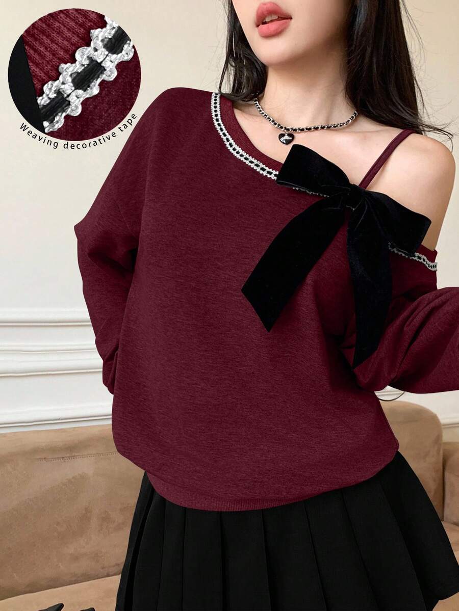 Modelyn Autumn/Winter Bowknot Loose Korean Style Casual Cropped Sweatshirt