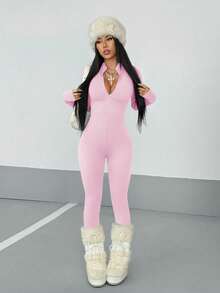 StreetHx Women's Streetwear Solid Color Long Sleeve Half Zip Jumpsuit, Autumn