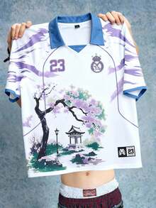 ROMWE MEN Prep 男士 Polo 衫，休闲运动，樱花英文文字图形印花短袖 Polo 衫 - 紫色 - 查看 4