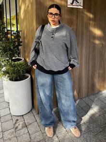 Dazy Plus Plus Size Women Casual Striped Loose Contrast Color Splice Hem Half-Open Collar Long Sleeve T-Shirt, Spring/Autumn - Grey - View 6