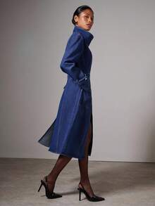 COSMINA 女式休闲前扣立领牛仔夹克，秋季 - 藏蓝色 - 查看 2