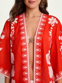 CAJUNI Women's Floral Print Open Front Loose Kimono Cover Up, Suitable For Summer Vacation,Christmas - Red and White - View 6