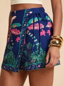 Travachic 女士棕榈树印花侧系腰短裤，热带风情短裤，时尚沙滩装，休闲度假装，夏季假日装，春假装，派对装，海滩装，春季装，情人节装，狂欢节装扮装，优雅花卉图案，狂欢节装，春夏过渡装，派对装，墨西哥风情短裤 - 彩色 - 查看 1