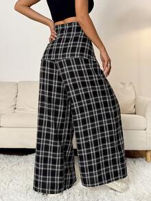SHEIN PETITE Fall Clothes For Women Going Out Streetwear Plaid Woven Tie-Waist Wide Leg Loose Casual Pants Plaid Pants Checkered Pants - Multicolor - View 3