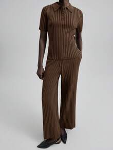 Ontre Women's Solid Color Polo Neck Knit Top And Drawstring Pants Sweater Set,Shades Of Brown,Autumn,Effortless Chic,Everyday,Urban Commute Business Outfit - Brown - View 3