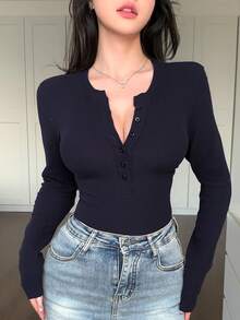 DAZY Cardigan simple à demi-boutons en couleur unie, manches longues, ajusté, pour femmes. Idéal pour le travail et les sorties quotidiennes. Printemps/Automne - Bleu marine - Voir 1