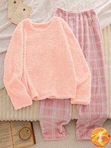 2pcs Merry Christmas Teen GirlPajama Set, Featuring Plush Powder Pink Long Sleeve Top And Pink Plaid Pants, Vibrant Print Stretchy Soft Fabric, Machine Washable Comfortable Matching Outfits (Sold Separately) Pajama Set Teen - Multicolor - View 3