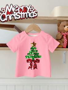 SHEIN Kleine Mädchen Happikins Fröhliche Weihnachten süßer glitzernder strukturierter Stern & Schleife Weihnachtsbaum Muster pudrig rosa festliche lässige minimalistische Rundhals Kurzarm T-Shirt, geeignet für Sommer Weihnachten - Verschiedenfarbig - Übersicht 2