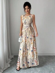 Rafferiza Đầm chữ A không tay cổ tròn phối lưới họa tiết hoa thanh lịch dành cho nữ, eo thắt eo - Màu be - Xem 7