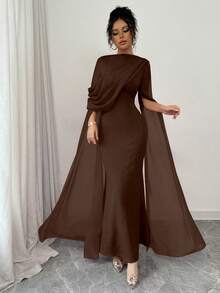 SHEIN PETITE 优雅收腰紧身斜肩褶饰透明飘逸袖开叉连衣裙，针织弹力红色女式礼服，适合秋冬派对、宴会、活动