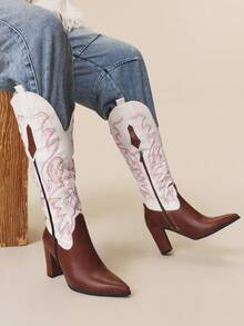 Styleloop Giày bốt cao đến đầu gối đế dày cho nữ, Giày bốt cao bồi miền Tây cá nhân hóa đa năng thời trang - Nhiều màu - Xem 5