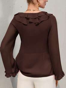 Aveloria Modichic 裸粉色女式雪纺层叠荷叶边下摆透明浪漫优雅性感休闲百搭长袖衬衫 - 咖啡棕 - 查看 2