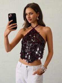 Aloruh 女士性感亮片露背吊带上衣，适合夏季海滩度假、波西米亚风热带度假、音乐会、锐舞节、乡村音乐会、伊比沙岛、纳什维尔等场合，以及西部牛仔风格活动。 - 酒紅色 - 查看 8