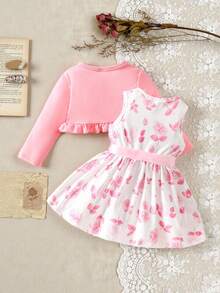 SHEIN Baby Girl Floral Print Sleeveless Dress And Ruffle Trim Cardigan Set - Pink - View 2