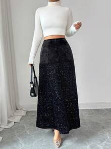 Rafferiza Women's New Fashionable Sequin Shiny High-End Solid Color Elastic Waist Skirt, Ideal For Parties And Dates, Luxurious And Elegant - Black - View 2