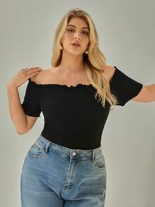 Auralis Plus Size Women's Fashionable Elegant Off Shoulder Frill Trim T-Shirt - Black - View 4