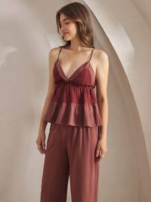 Ocili Women's Contrast Ruffle Hem Camisole And Wide Leg Pants Pajama Set - Rose Red - View 5