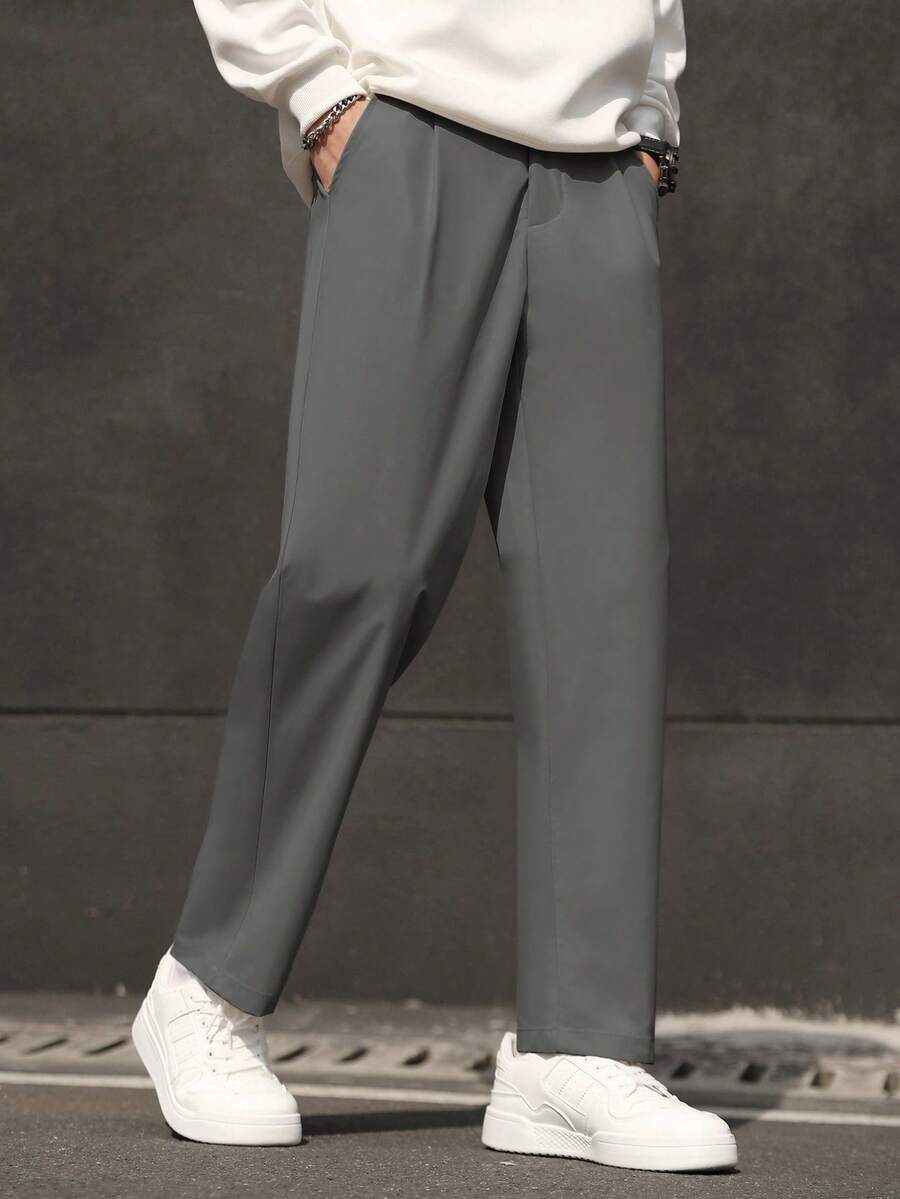 Claim Dot 男士纯色褶皱直筒宽松休闲西装裤 - 深灰色 - 查看 1