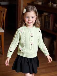 SHEIN Vintaside Kids 女童手工刺绣花卉针织落肩短款毛衣，适合秋冬季外套 - 綠色 - 查看 5