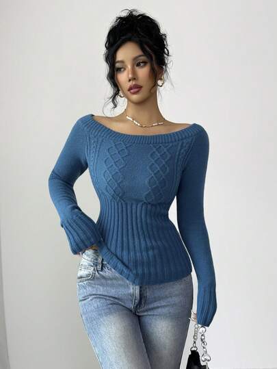 SHEIN Elenzya Sexy Off Shoulder Vintage Cable Knit Slim Fit Ribbed Cuff Long Sleeve Sweater For Women, Autumn/Winter