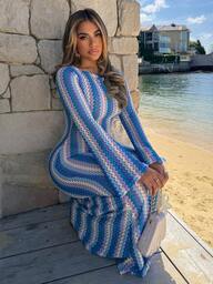 Maria Perezxox Strukturiertes gestreiftes Strick-Maxikleid für Frühling und Sommer, Urlaub, Boho, Ibiza, elegant, Strand, süß, Strandhaus, Festival, Weihnachten, Halloween, Herbst, Winter