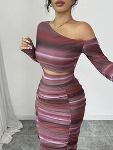 Rafferiza Women's Striped Asymmetric-Shoulder Long Sleeve Cropped Top And Pleated Midi Skirt Fitted 2 Pieces Set Elegant Midi Dress Sexy Curve Dress Slay Diva Dress - Multicolor - View 6