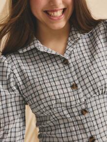 Teen Girl Casual Cute Black & White Plaid Versatile Long Sleeve Shirt, Autumn/Winter - Black and White - View 3