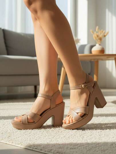 Sandalia de tacón plataforma con tiras cruzadas en negro, blanco y beige