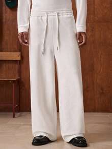 SWAVVY 男士休闲日常通勤百搭纯色纹理面料抽绳腰部斜口袋宽松阔腿运动裤 - 白色 - 查看 3