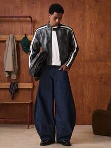 SWAVVY Men's Striped Pocket Wide Leg Loose Casual Versatile Jeans - Blue - View 3